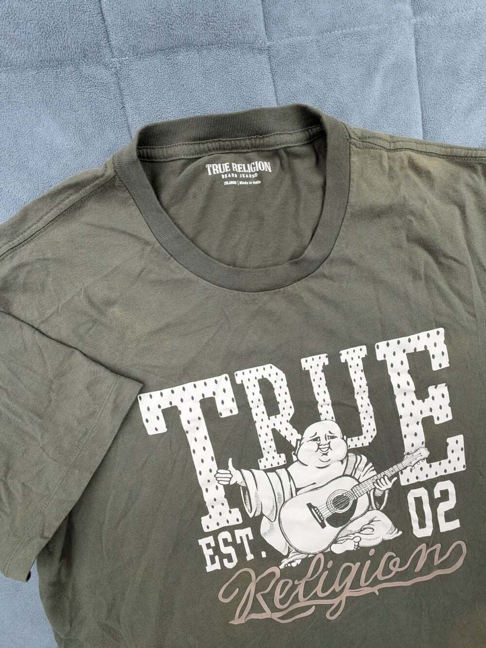 Y2K True Religion True 02 Buddha Guitar Graphic T-Shirt Olive XXL Distressed